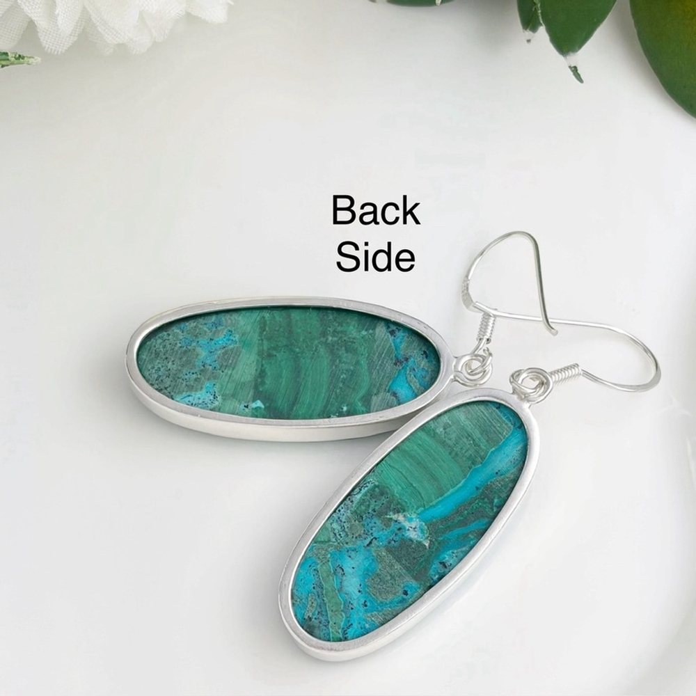 Top Quality Malachite Chrysocolla Pure Sterling Silver 925 Gemstone Earrings - Picture 8 of 9